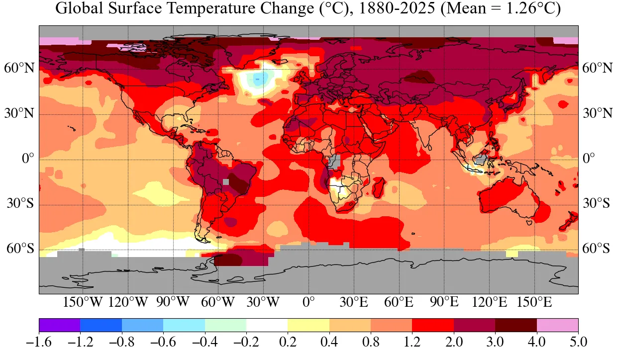 World map of surface temperature change from 1880 to 2025 based on local linear trends, showing widespread warming with strongest warming over the Arctic and northern high latitudes.