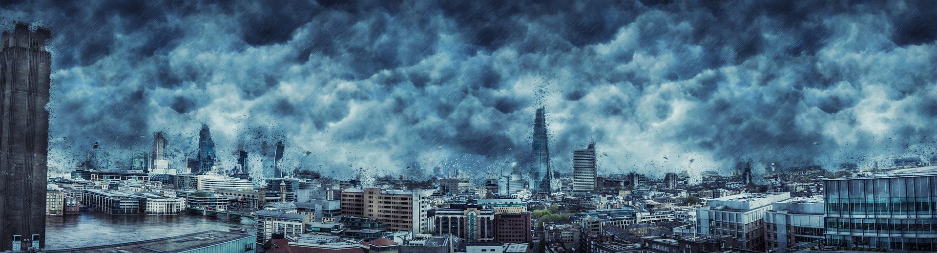 An painting of a scenary depicting a city in chaos and destruction due to climate change. Dark clouds are forming and coming forth in the sky.